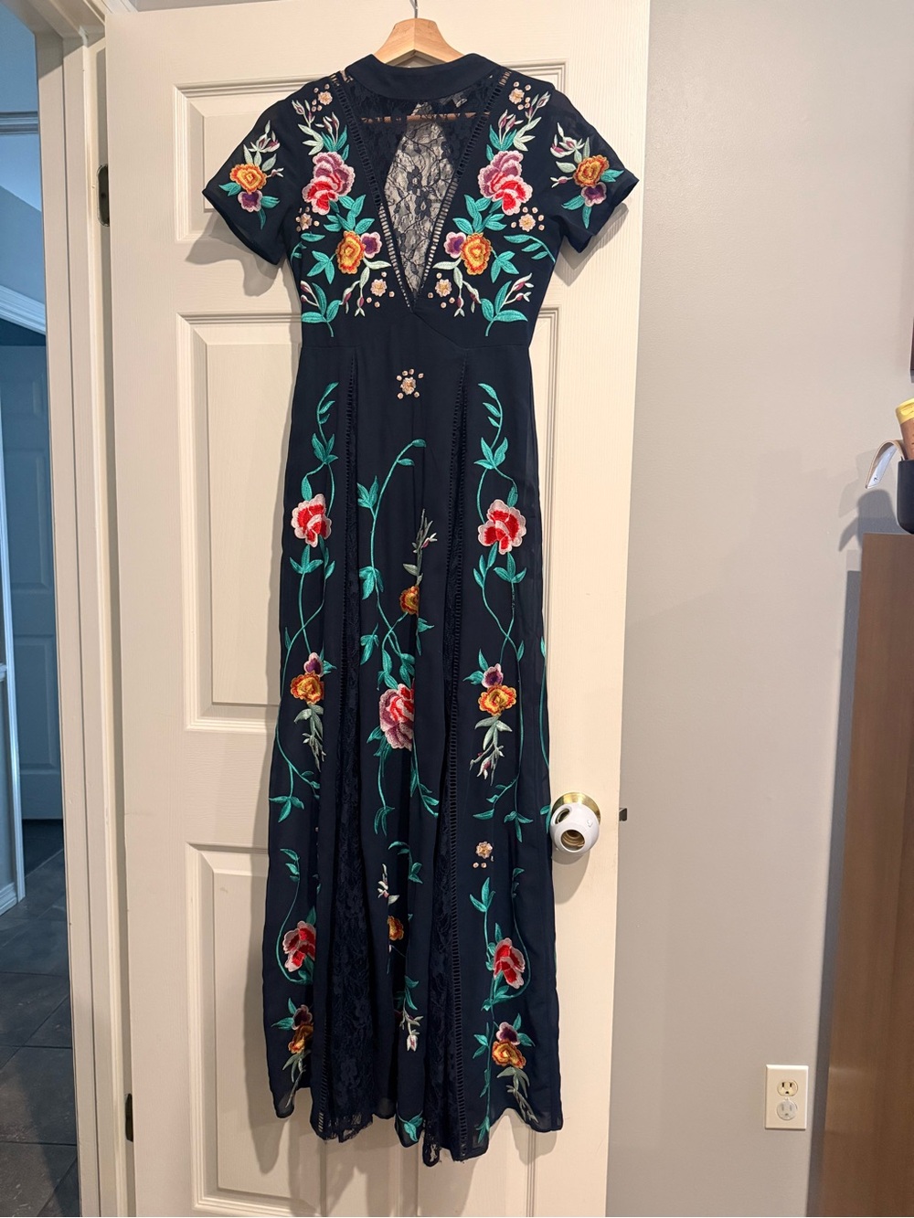 Navy Floral Embroidered Lace-Trim Maxi Dress